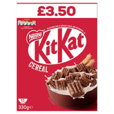 Nestle - KitKat Milk Chocolate Cereal features a red background and displays chocolate wafer cereal immersed in milk. It is priced at £3.50 and weighs 330g.